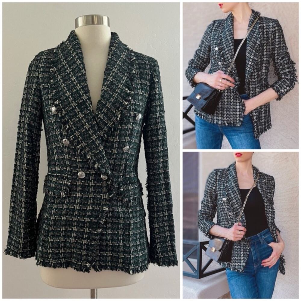 Rachel Zoe Fringe Tweed Blazer Jacket XS Green Plaid Academia Preppy Office NEW